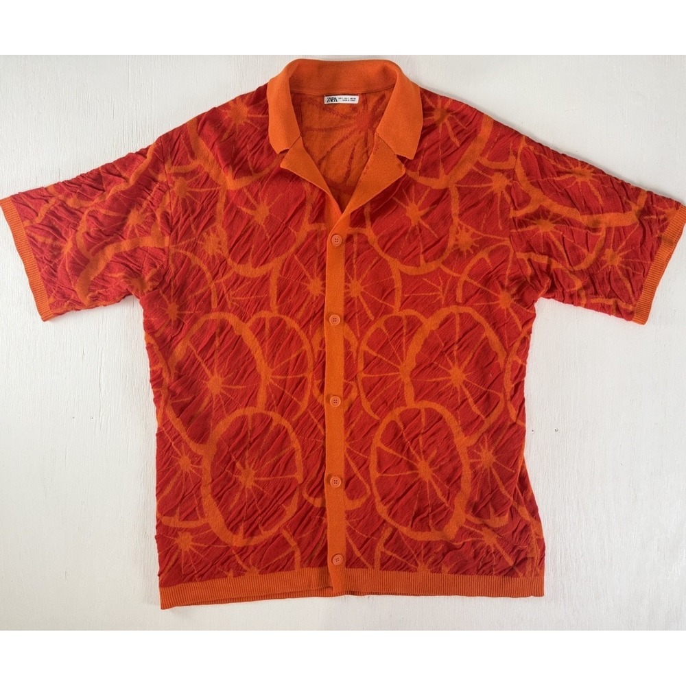 Zara Men's‎ Texture Knit Orange Floral Button Sweater Top Size L Short Sleeve